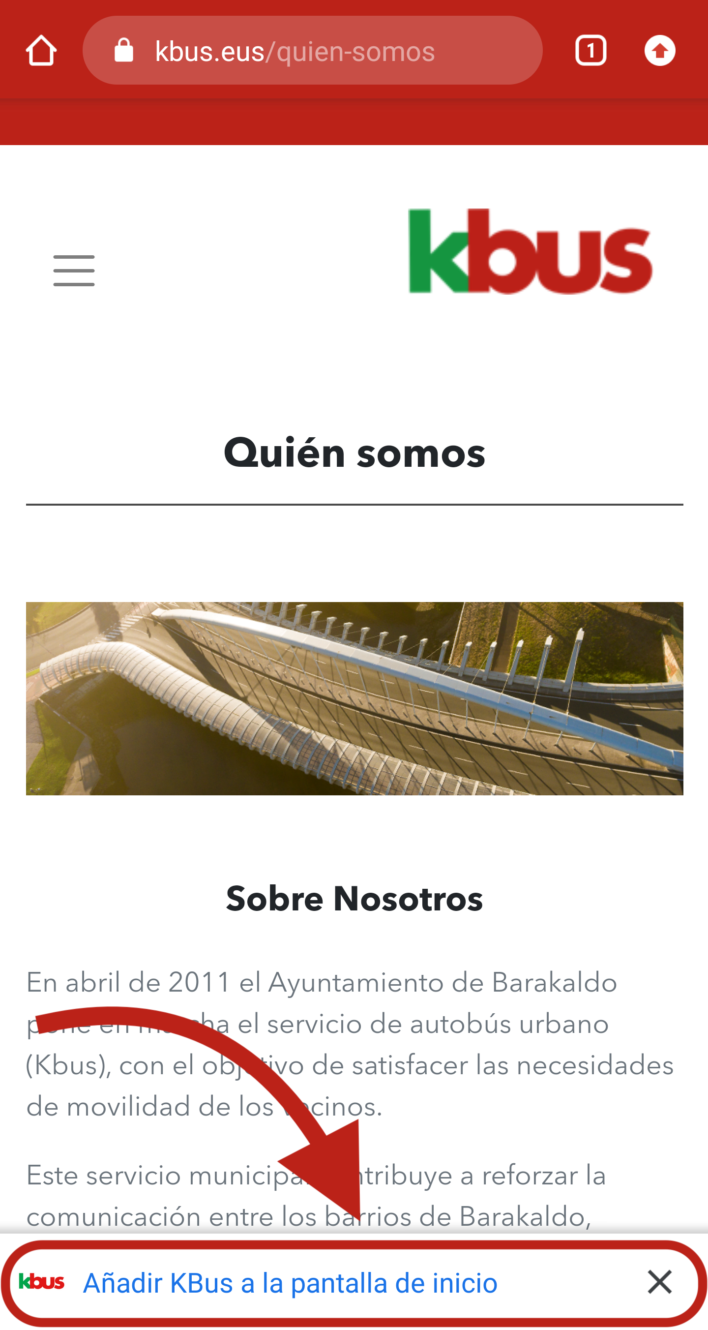 Dirígete al site de Kbus y selecciona 'Añadir Kbus a la pantalla de inicio' en el banner inferior